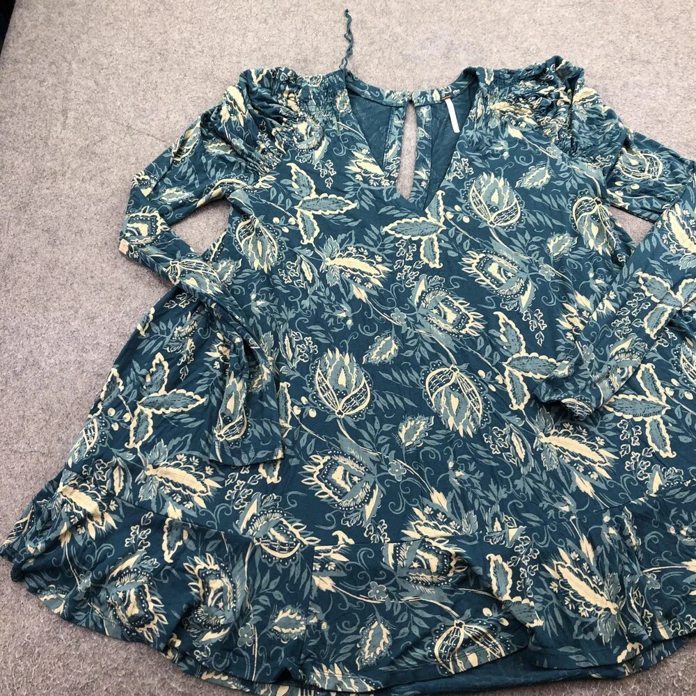 Free People Dress Womens Small Green Floral Keyhole Puff Sleeve Swing Boho
